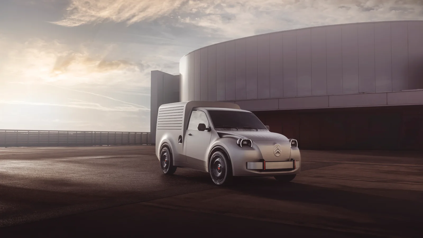 Citroën 2 CV Fourgonnette Concept, văzut din față și lateral, într-un decor urban la apus.