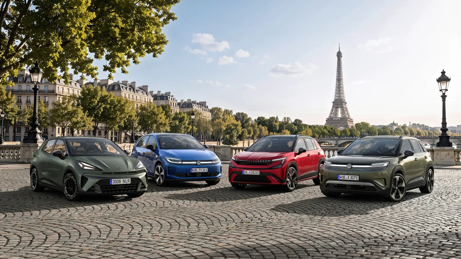 CUPRA Raval, Volkswagen ID. Polo, Škoda Epiq și Volkswagen ID. Cross aliniate pe malul Senei, cu Turnul Eiffel în fundal.