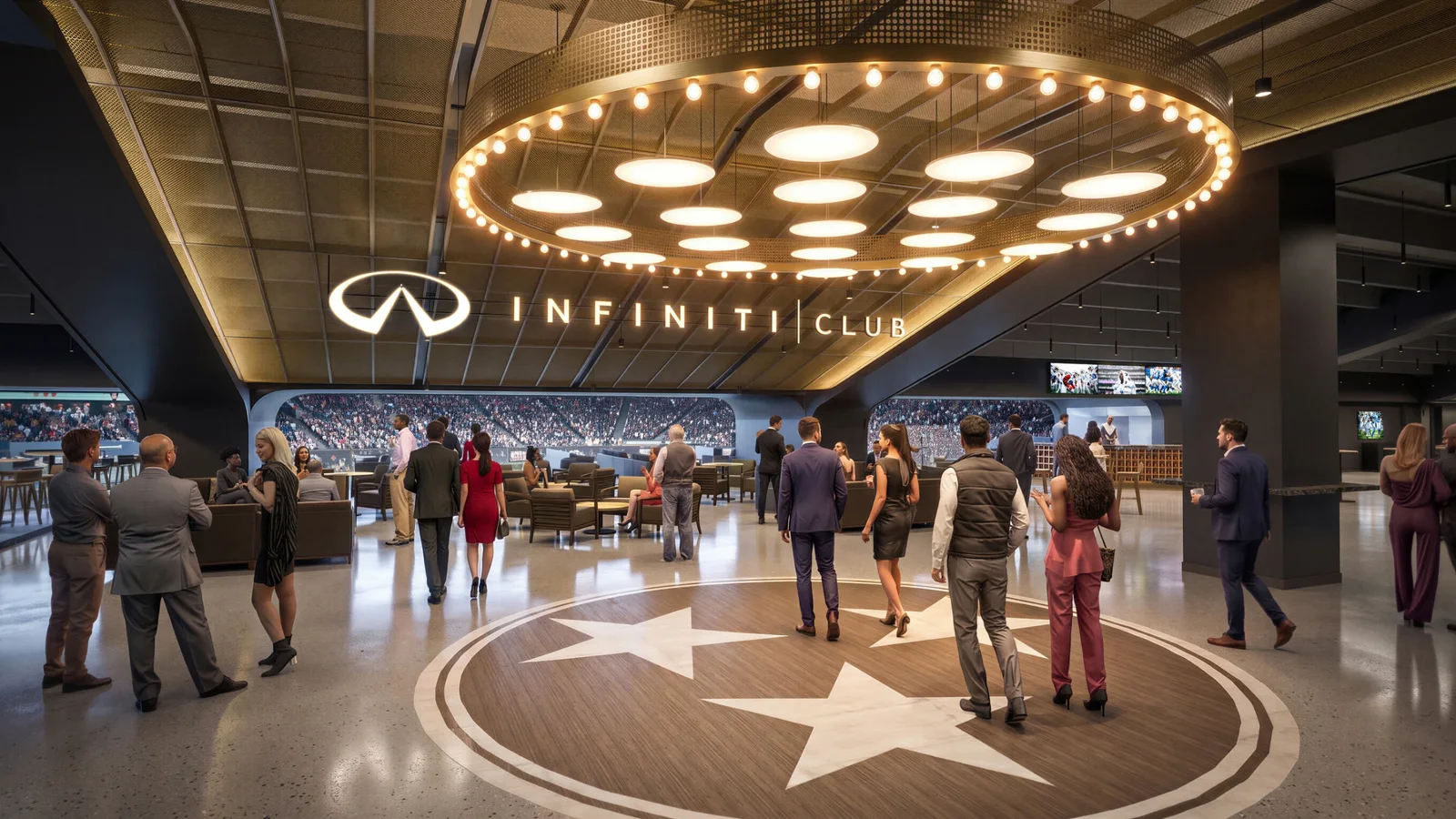 Interior modern al spațiului Infiniti Club, cu iluminare circulară amplă pe tavan, logo-ul Infiniti luminat și o podea cu model stea, oameni în diverse ținute stând și discutând în cadrul unei încăperi spațioase și elegante.