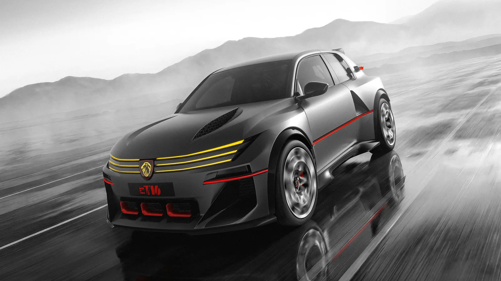 Peugeot E-T16 Concept gri, văzut din față și lateral, rulând pe un drum ud într-un peisaj montan.