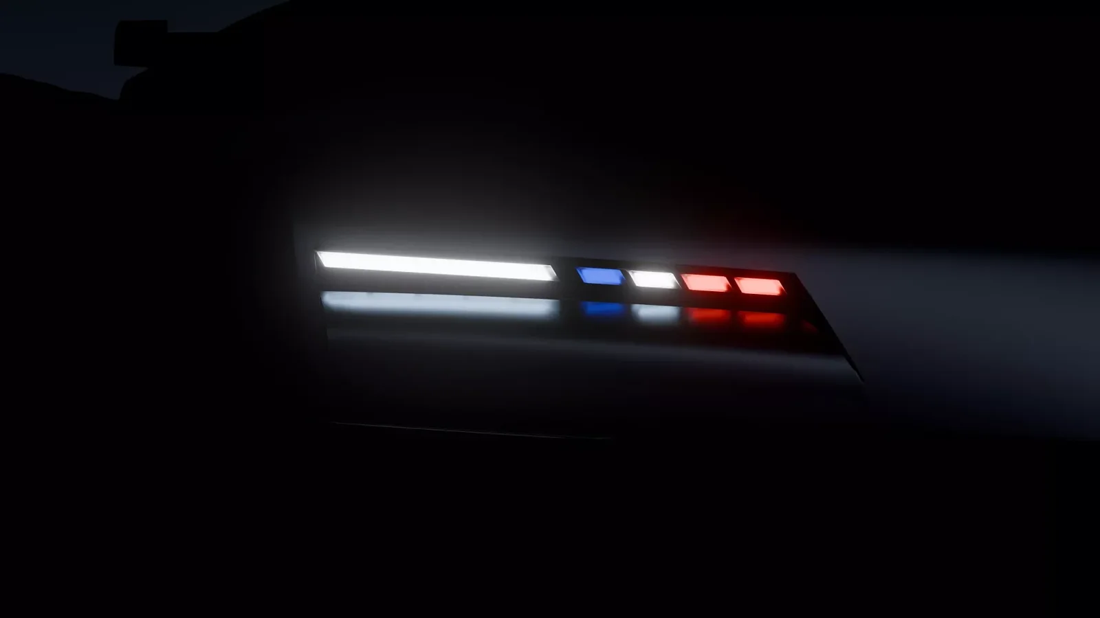 Teaser cu semnătura luminoasă a conceptului Alpine PS1, formată din segmente albe, albastre și roșii.