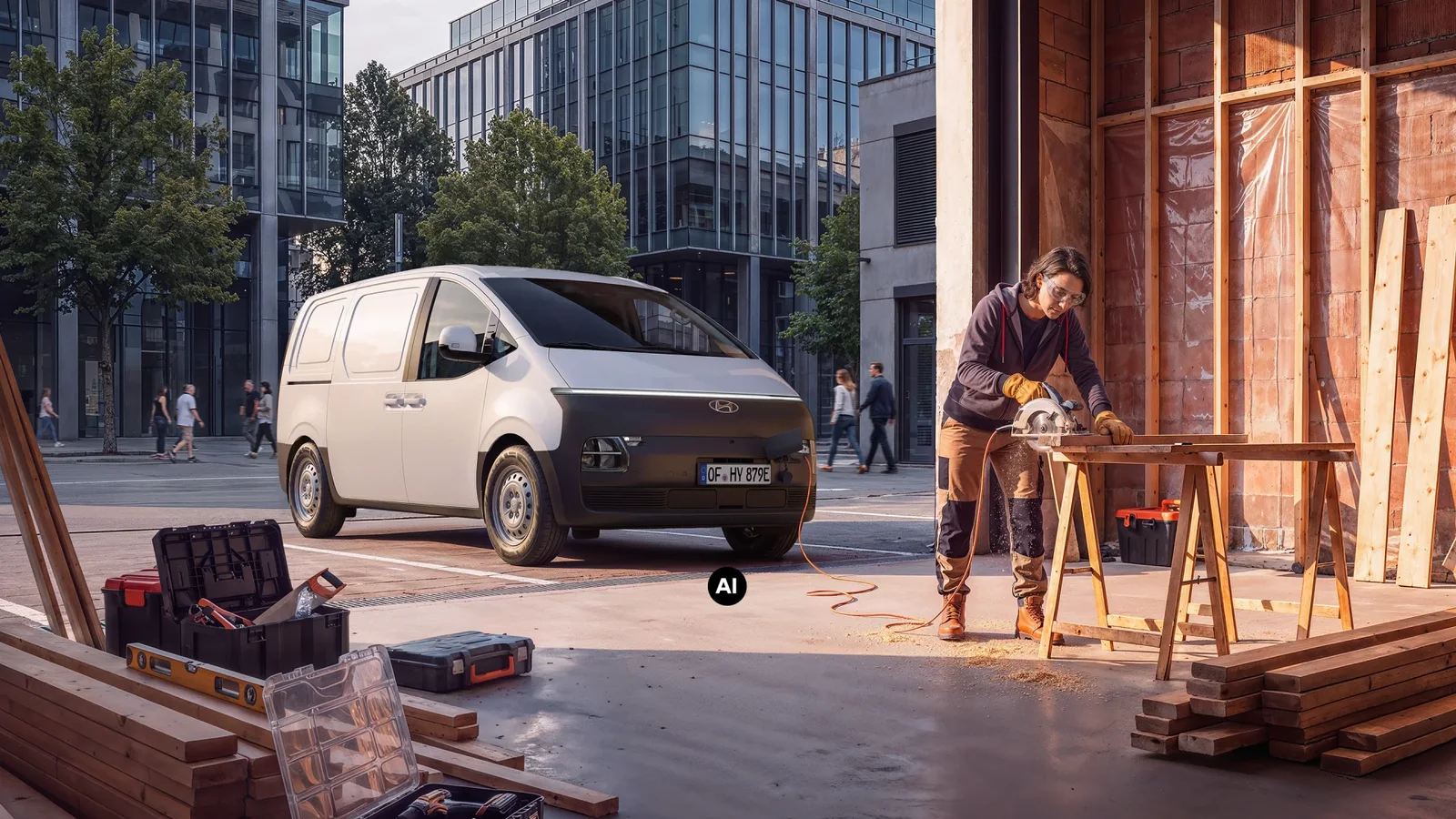 Hyundai Staria Cargo Electric parcată lângă un șantier urban, în timp ce un muncitor taie lemne în interiorul clădirii.