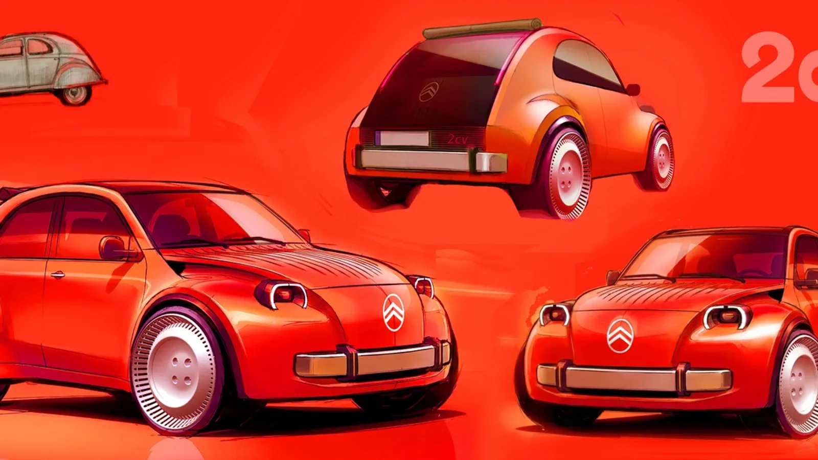Trei schițe colorate ale conceptului Citroën 2 CV pe fundal portocaliu, prezentând trei unghiuri diferite ale mașinii: vedere laterală dreapta, vedere din spate și vedere frontală. Designul păstrează forme rotunjite și elemente retro reinterpretate.