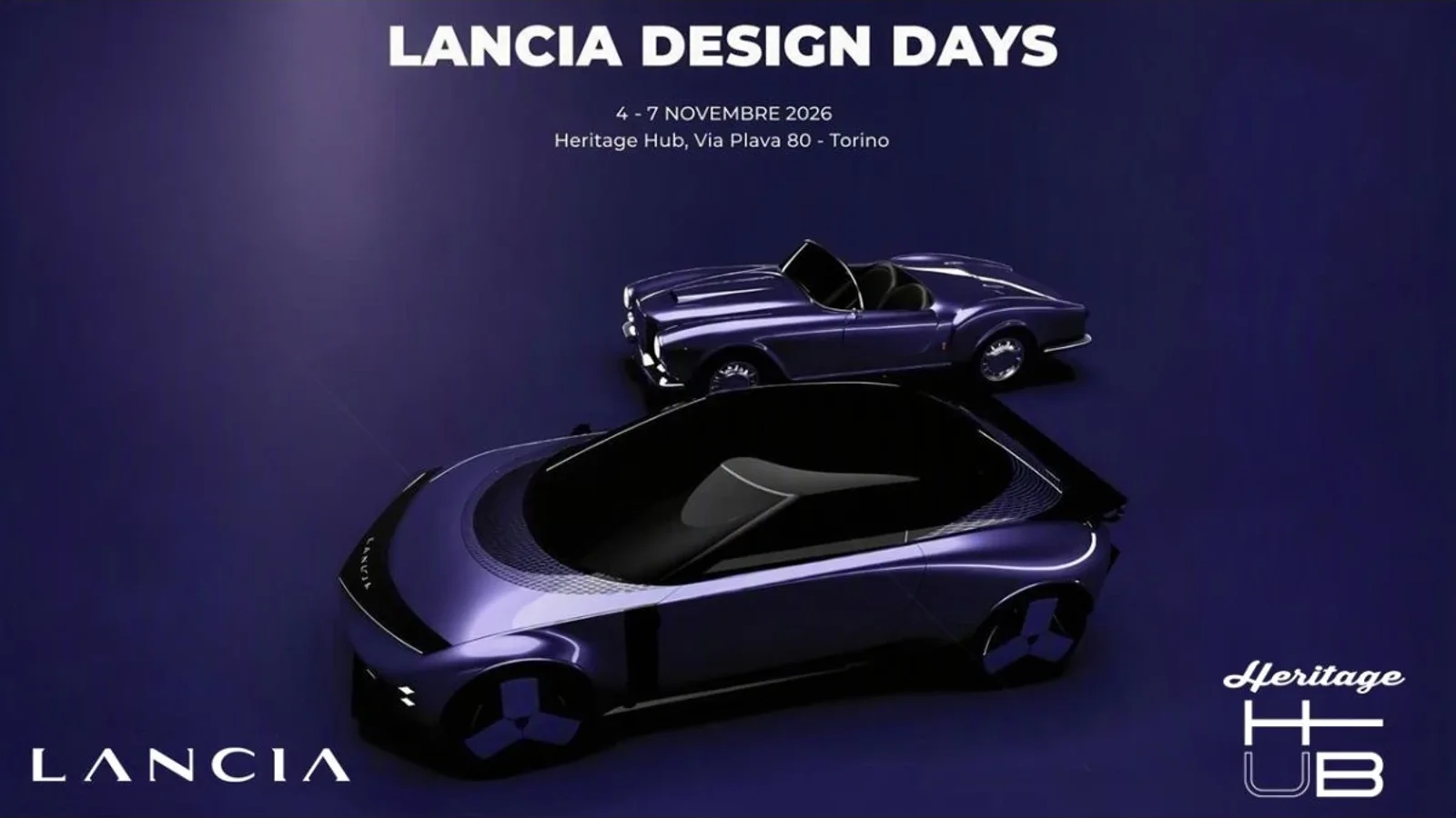 Două modele Lancia în miniatură, unul sportiv decapotabil violet în partea superioară și un concept futurist în nuanțe închise, cu acoperiș negru și caroserie lucioasă în prim-plan, pe fundal violet, toate sub textul „Lancia Design Days”.