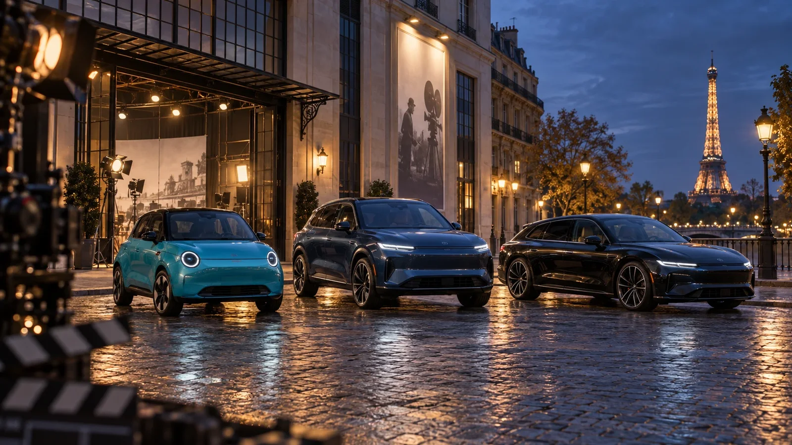 Trei automobile electrice moderne, fotografiate în fața unui studio de film din Paris, simbolizând parteneriatul dintre BYD, DENZA și Mediawan