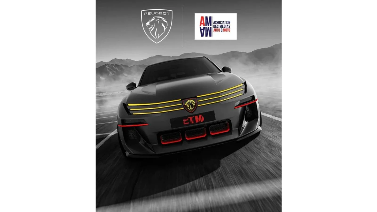 Peugeot E-T16 Concept, față frontală, iluminare cu benzi LED galbene pe faruri, caroserie gri metalizat, la un unghi de jos în sus, pe un drum asfaltat cu munți în fundal, în condiții de lumină slabă, cu sigla Peugeot și sigla premiului AMAM vizibile în partea superioară.