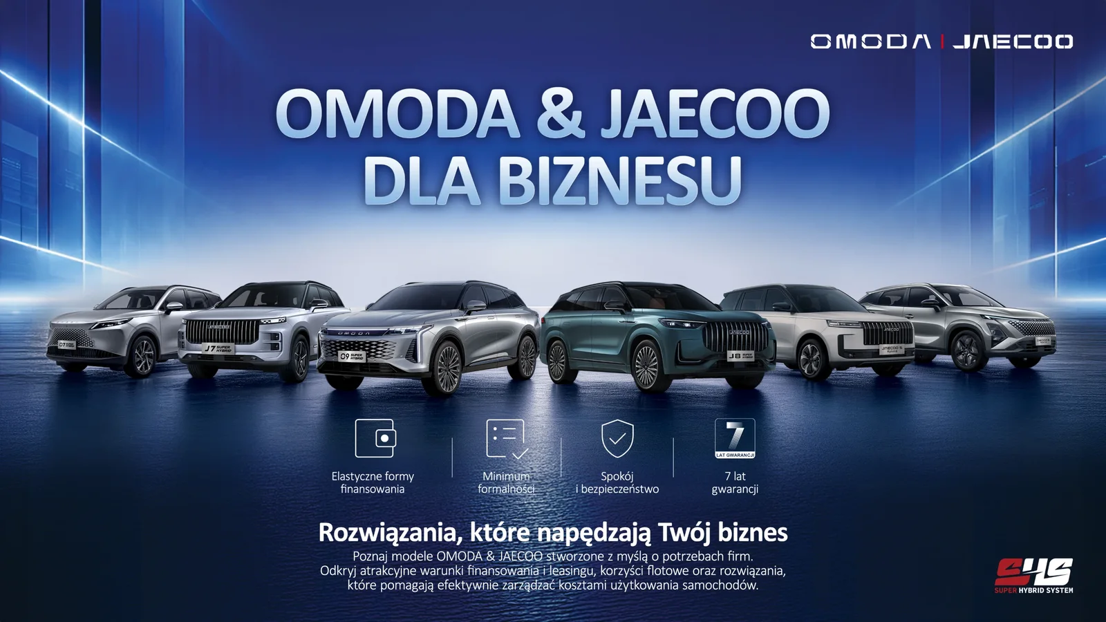 Grafic promoțional OMODA & JAECOO pentru clienții business, cu șapte SUV-uri din gamă și informații despre finanțare, garanție și suport.
