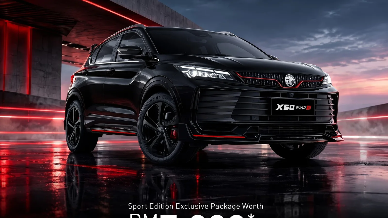 SUV Proton X50 Sport Edition negru, fotografiat frontal la un unghi jos, cu accente roșii vizibile pe caroserie și jantele negre de 18 inch, iluminat ambiental roșu, pe fundal urban nocturn, prezentat într-un anunț promoțional.