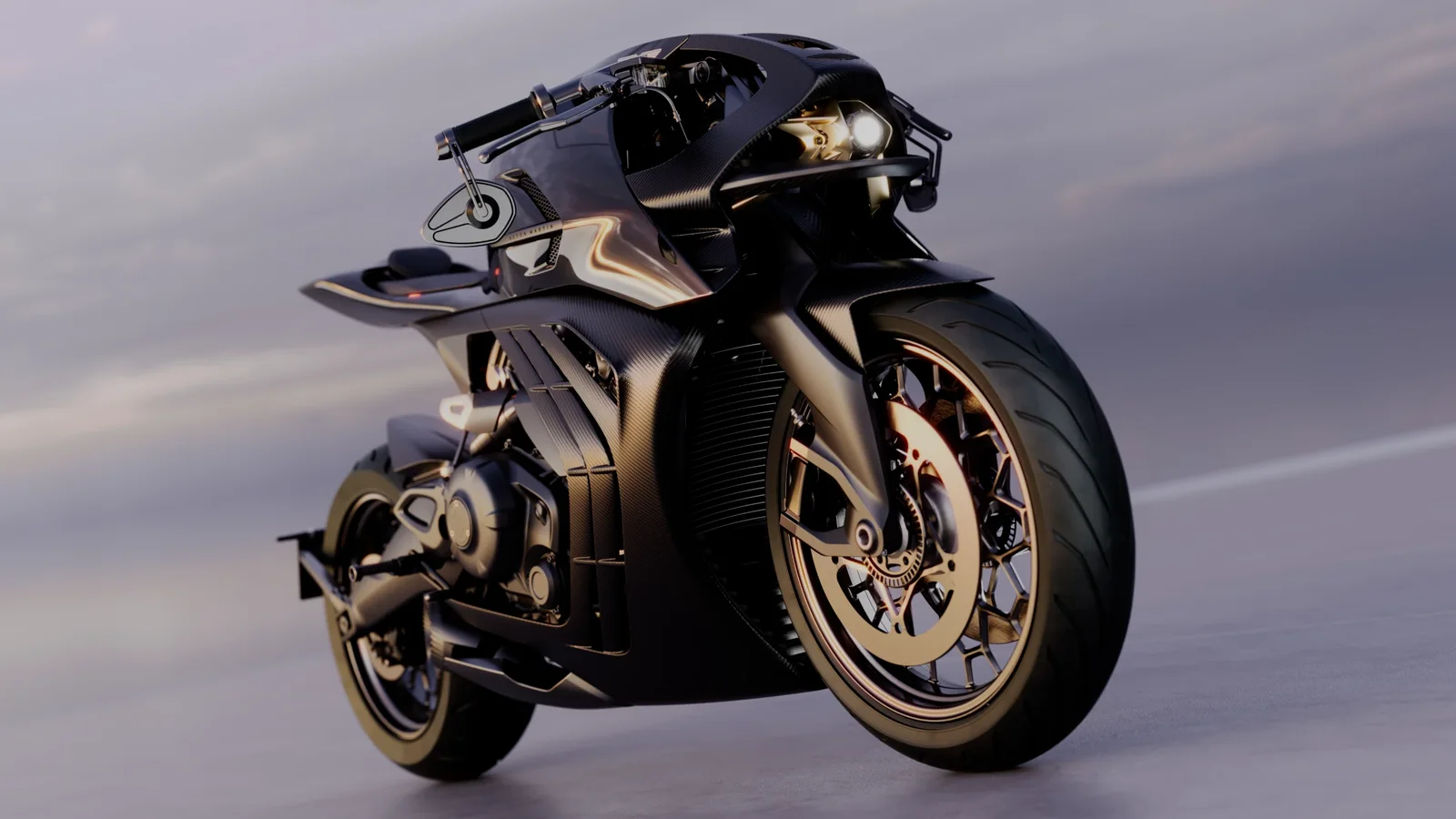 Motocicleta Aston Martin AMB 002 Roadster, fotografiată din față în timp ce rulează pe șosea.