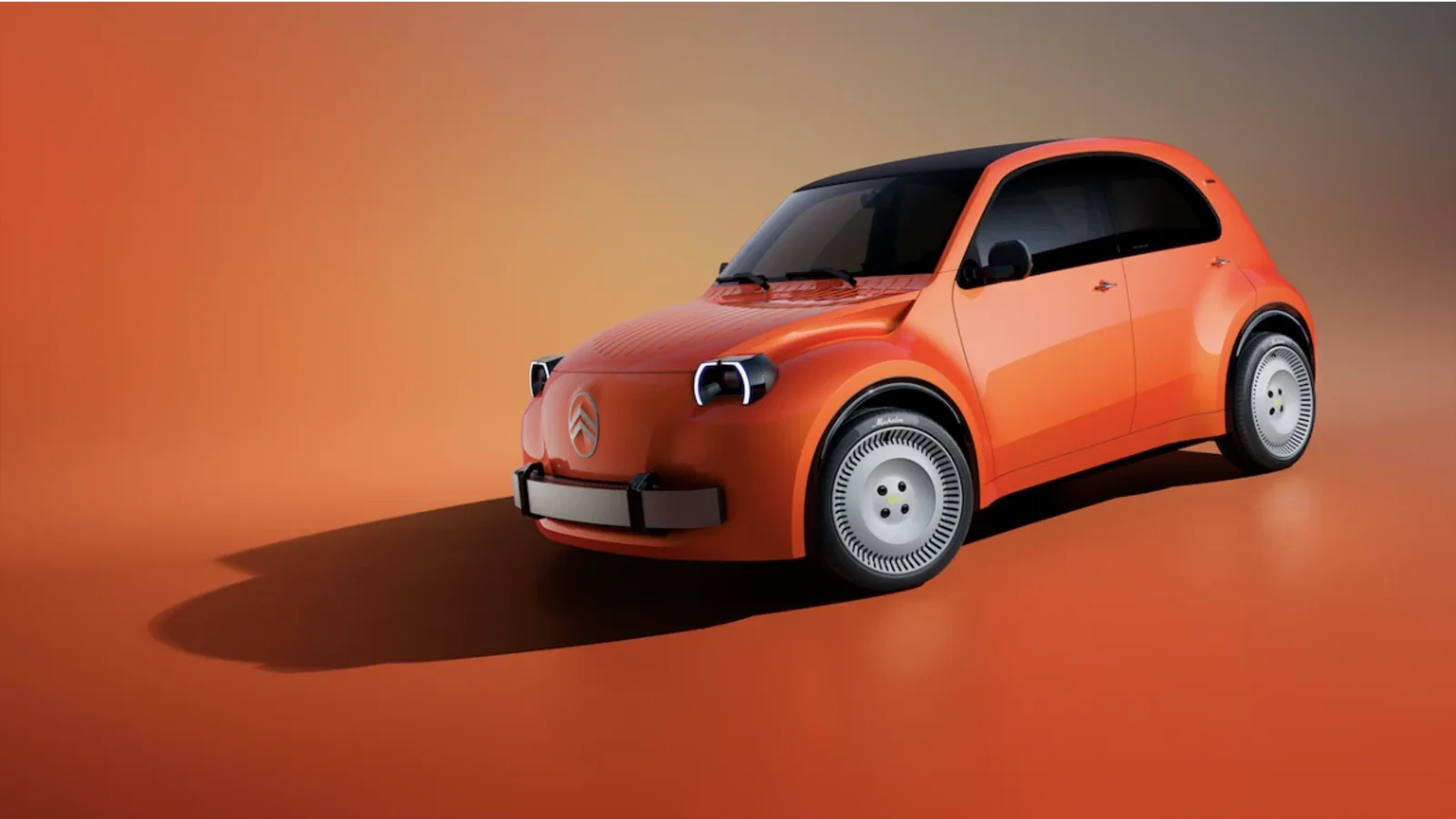 Citroën 2 CV Concept portocaliu, prezentat într-un decor minimalist, văzut din față și lateral.