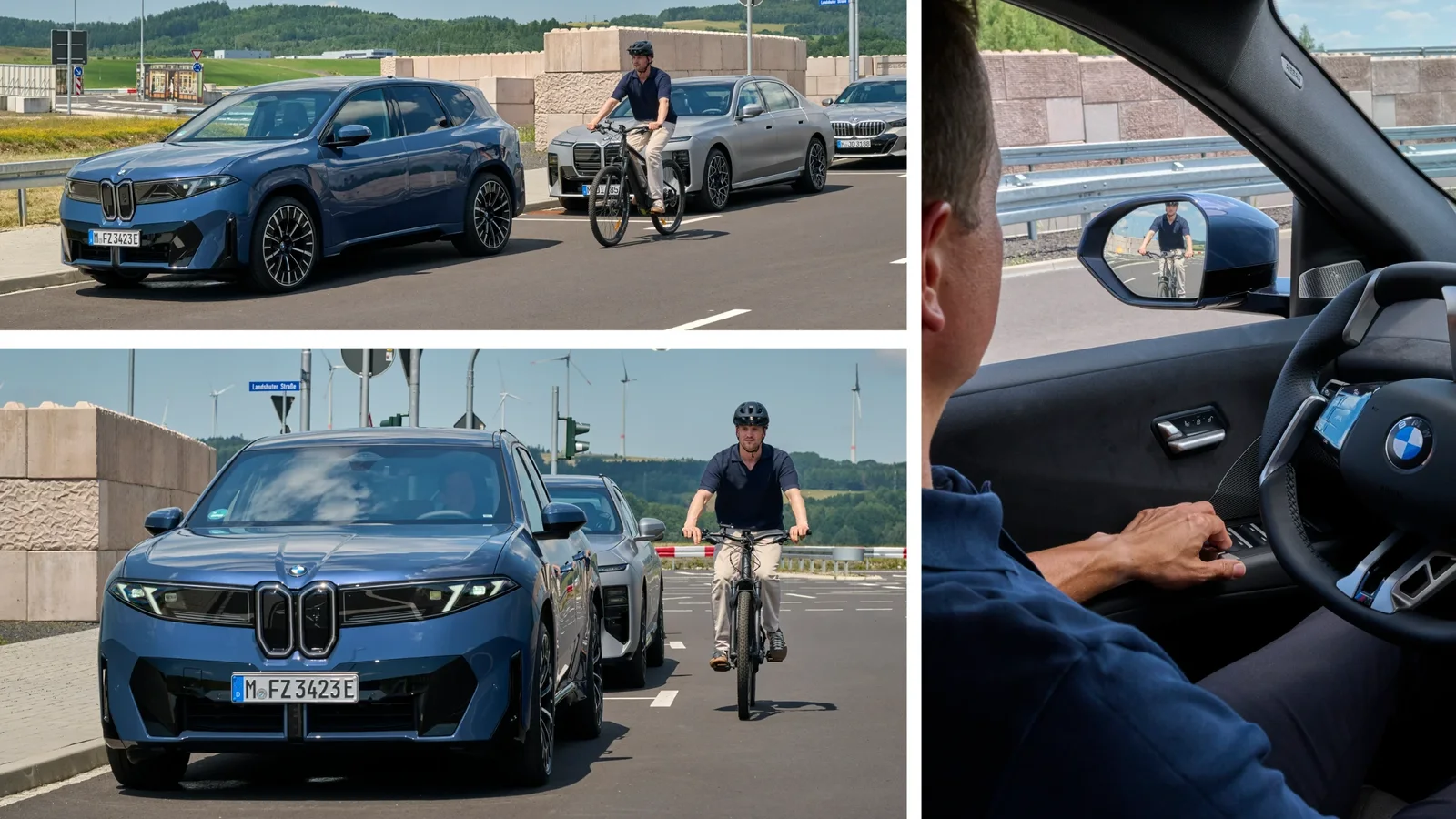 Biciclist care se apropie de un BMW iX3 oprit, vizibil și în oglinda laterală a șoferului.